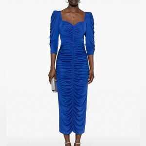 Costarellos ruched long sleeve blue midi dress